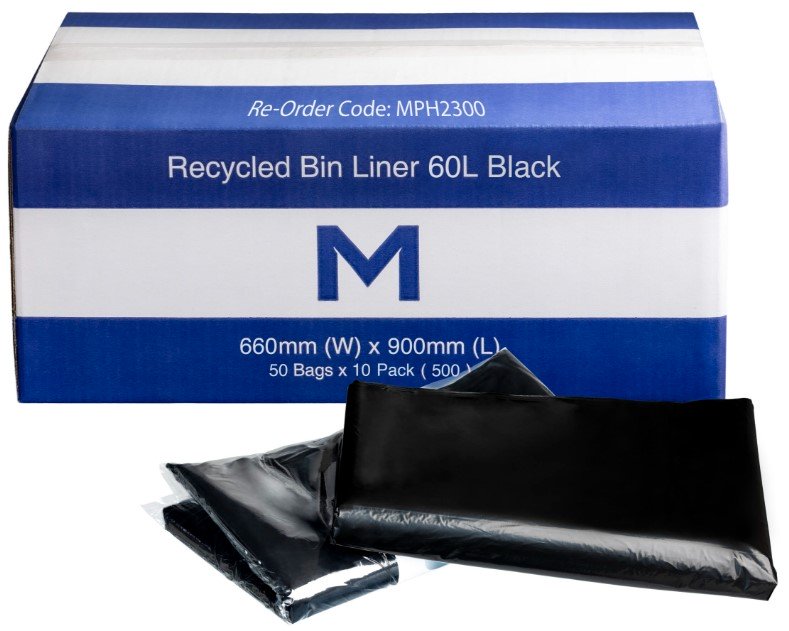 FP Recycled Bin Liner 60L, Black, Regular, 50 Bags