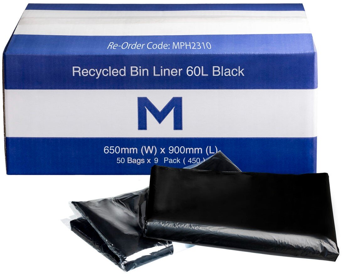 FP Recycled Bin Liner 60L, Black, Heavy Duty, 50 Bags