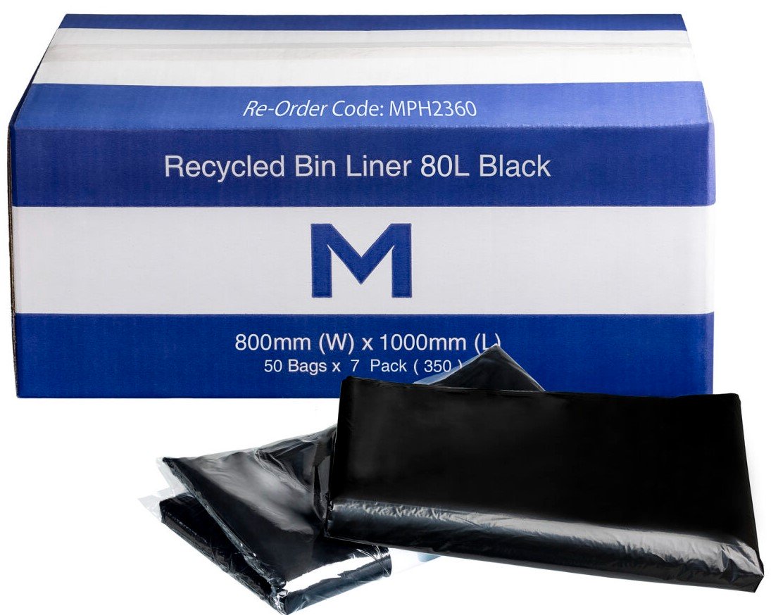 FP Recycled Bin Liner 80L, Black, Regular, 50 Bags