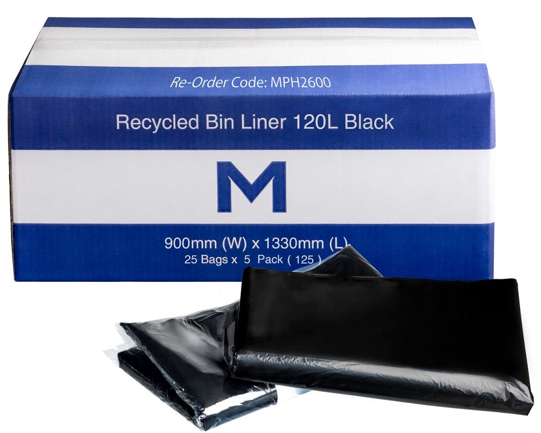 FP Recycled Bin Liner 120L Black, Heavy Duty, 25 Bags