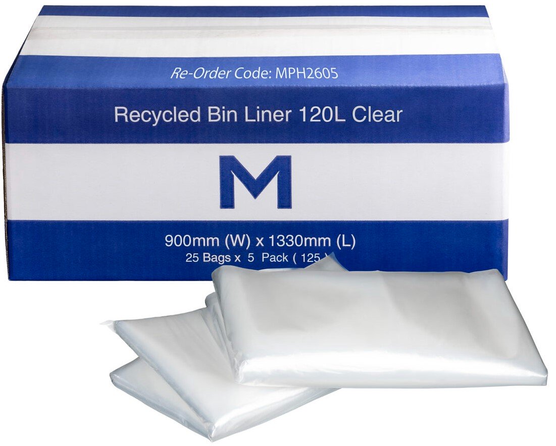 FP Recycled Bin Liner 120L, Clear, 25 Bags
