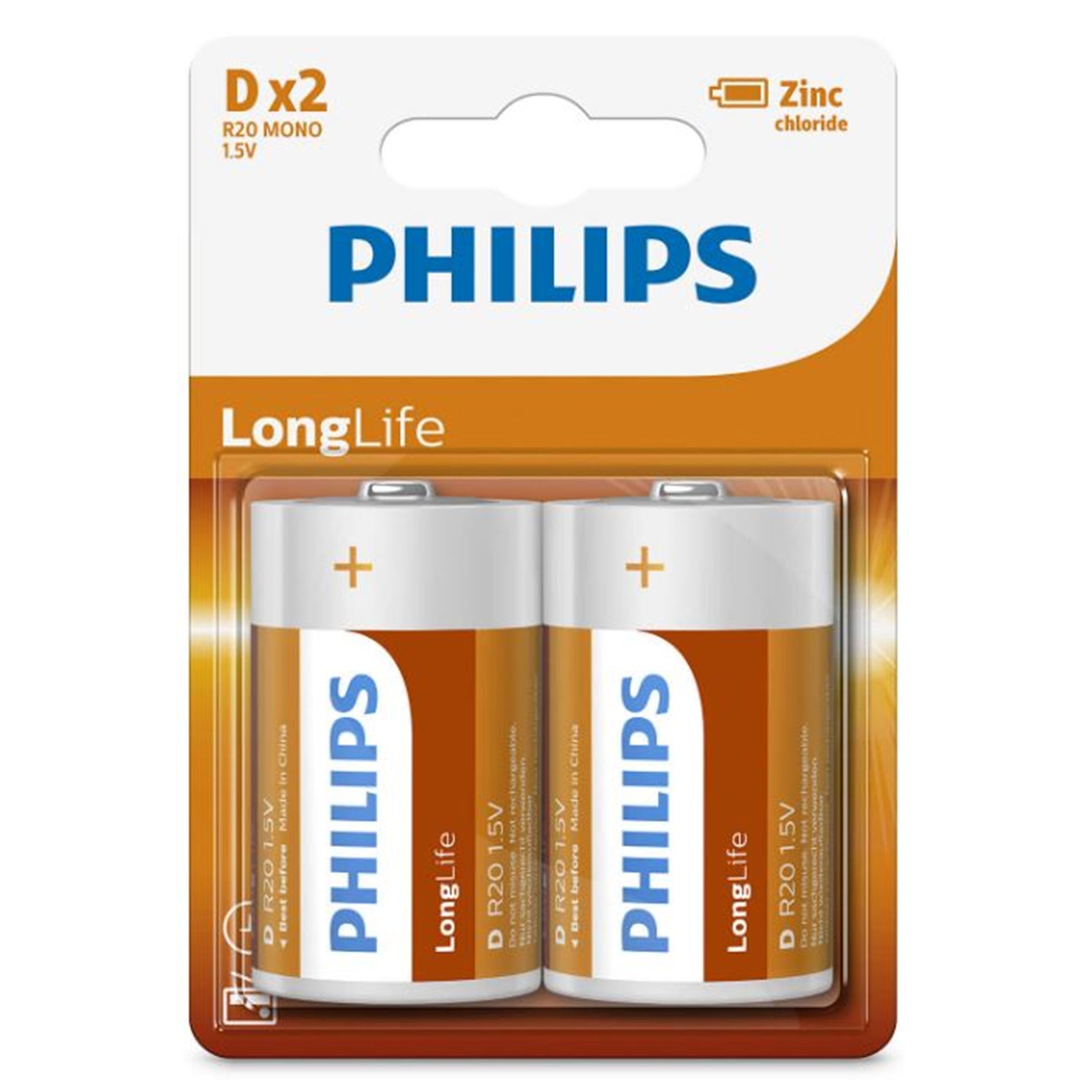 Philips Long Life Battery - Orange, D Size (2)