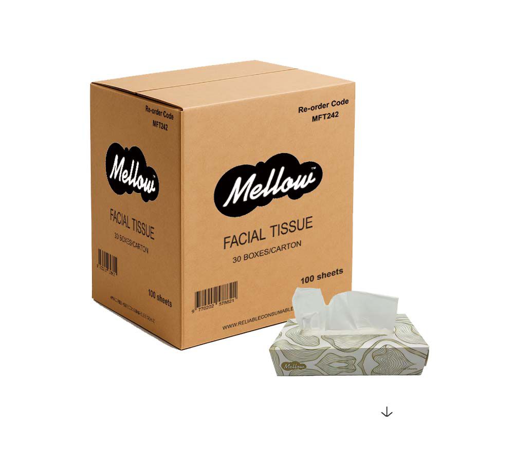 Mellow Flat Facial Tissues 2 Ply, 100 Sheets, 30 Boxes/carton