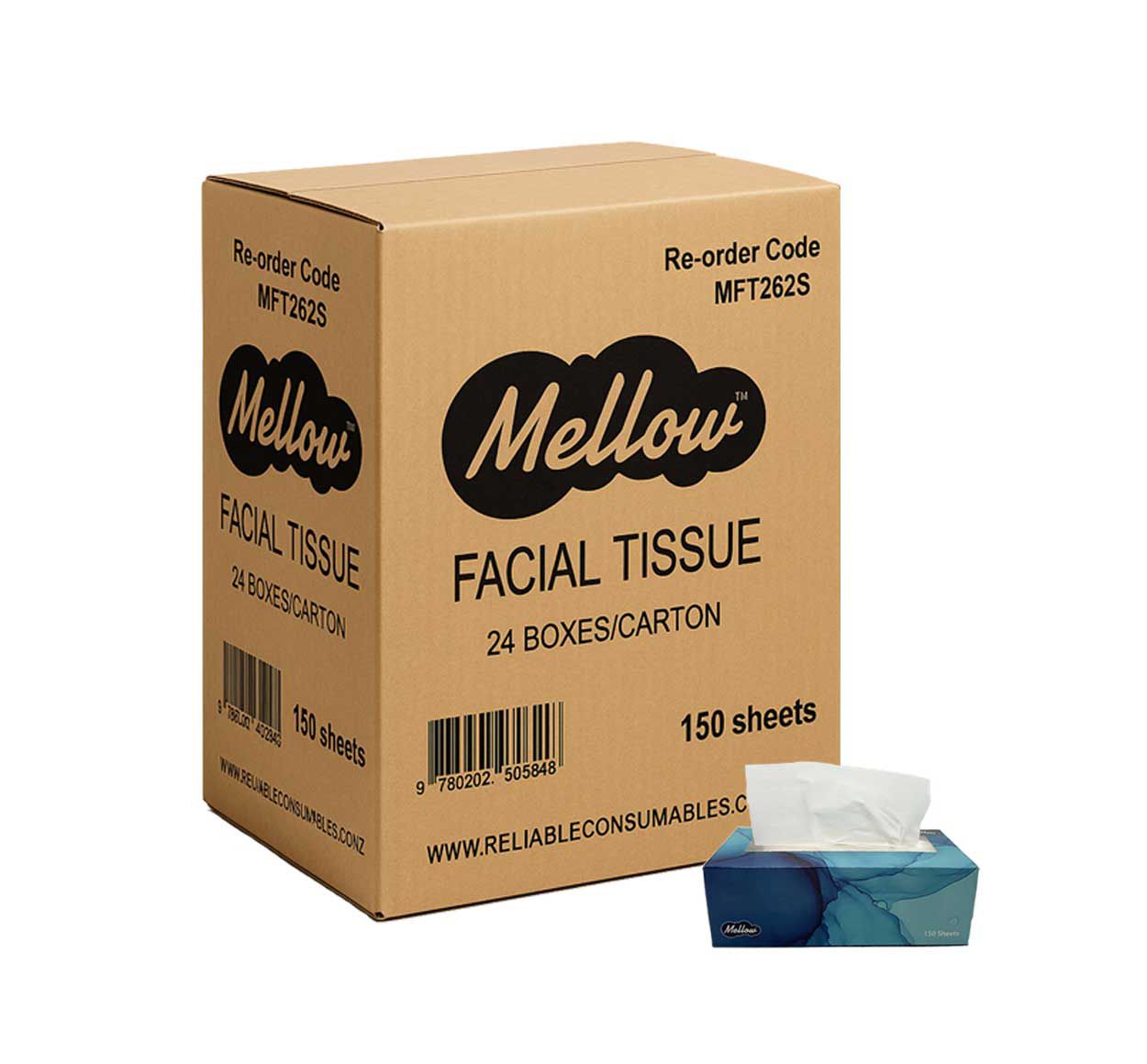 Mellow Flat Facial Tissues 2 Ply, 150 Sheets, 24 Boxes/carton